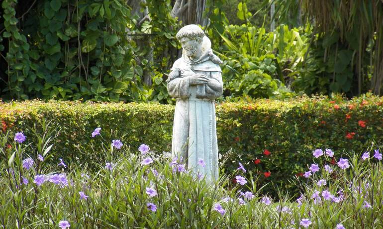 Eine Statue des hl. Franziskus von Assisi inmitten von Blumen und Bäumen